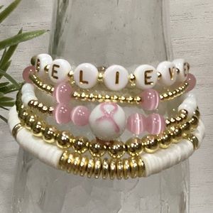 14K Gold Plated Custom Breast Cancer Awareness Bracelet Stack - Set of 5
